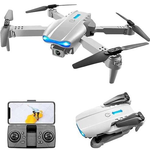 White drone with propellers and a smartphone displaying a drone app interface on a white background